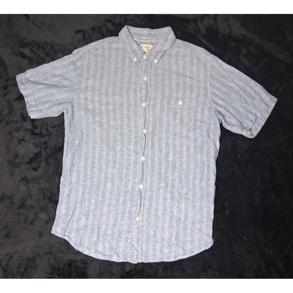 Weatherproof Vintage Washable Linen Short Sleeve Button Up Shirt L Blue Coastal